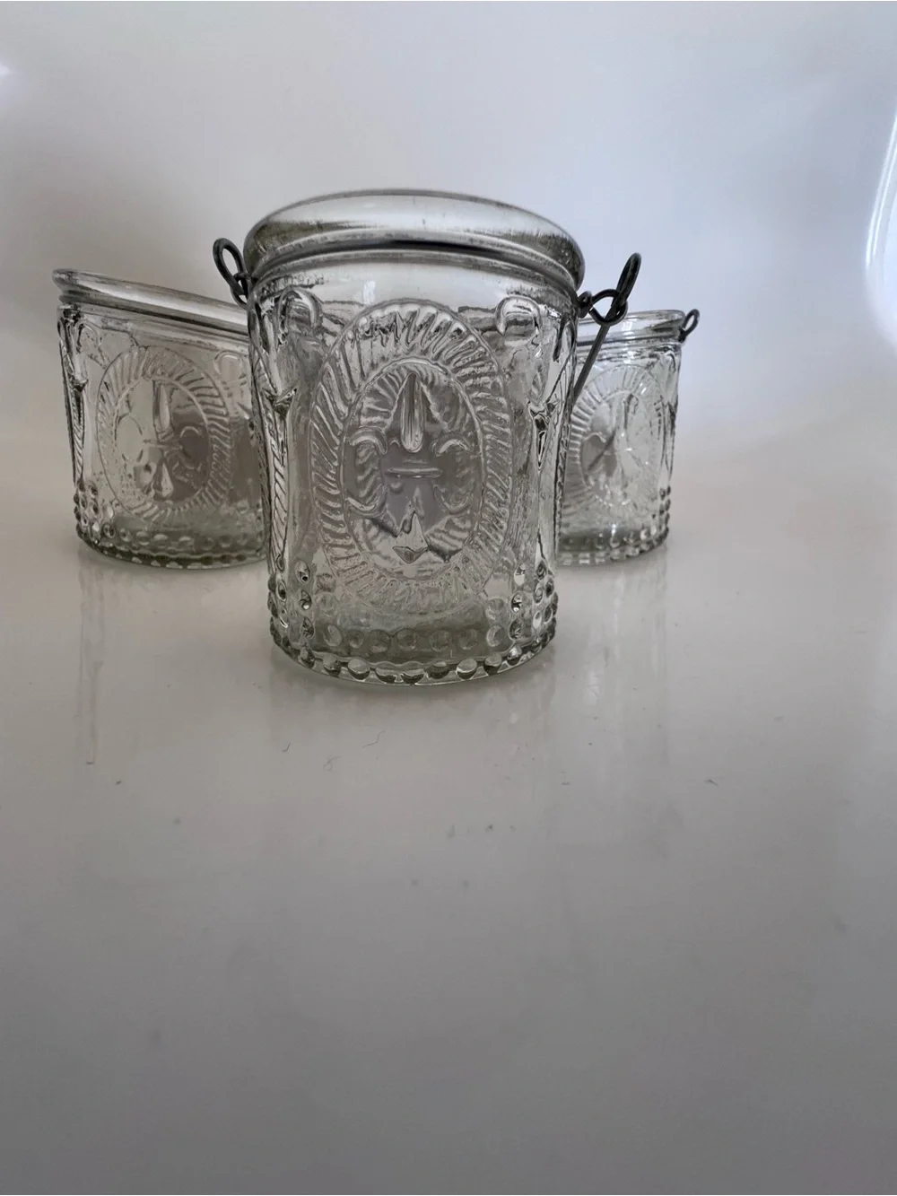 Set of 3 Fleur de Lis Glass Votive Candle Holders French Cottage Farmhouse